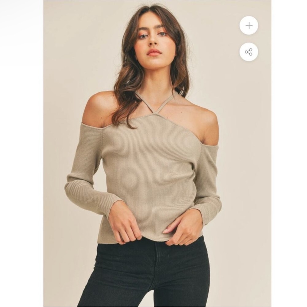 Mable ANTHRO small Monroe mocha tan off shoulder long sleeve crop strap ribbed